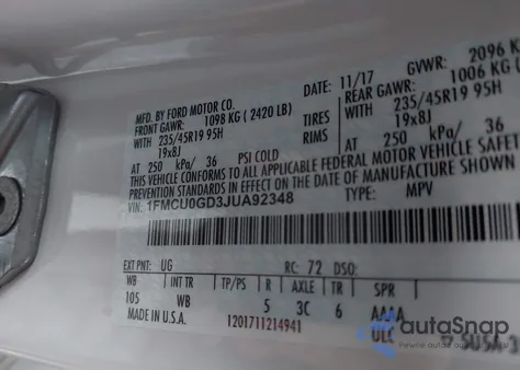 2018 Ford Escape Se z USA, uszkodzony, nr VIN 1FMCU0GD3JUA92348